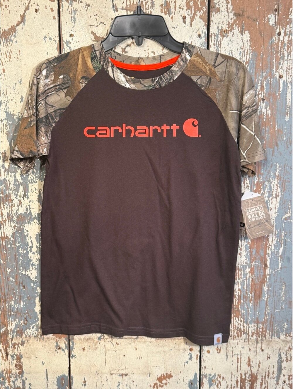 NWT Boys Carhartt Brown tshirt Realtree Camouflage raglan sleeves camo Med 10/12